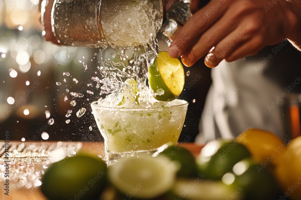 Poster squeezing lime juice into a glass with a slice.