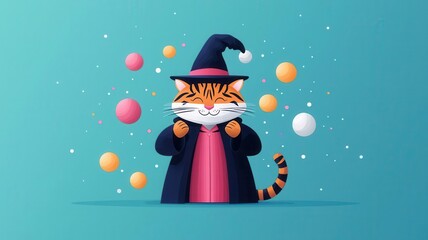 A whimsical cartoon tiger wearing a wizard hat, conjuring colorful orbs against a playful backdrop, perfect for imaginative designs.