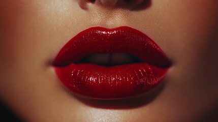 Close-Up of Red Lipstick on Lips, Emphasizing the Beauty and Sensuality of a Woman's Mouth, Perfect for Cosmetic and Beauty Campaigns