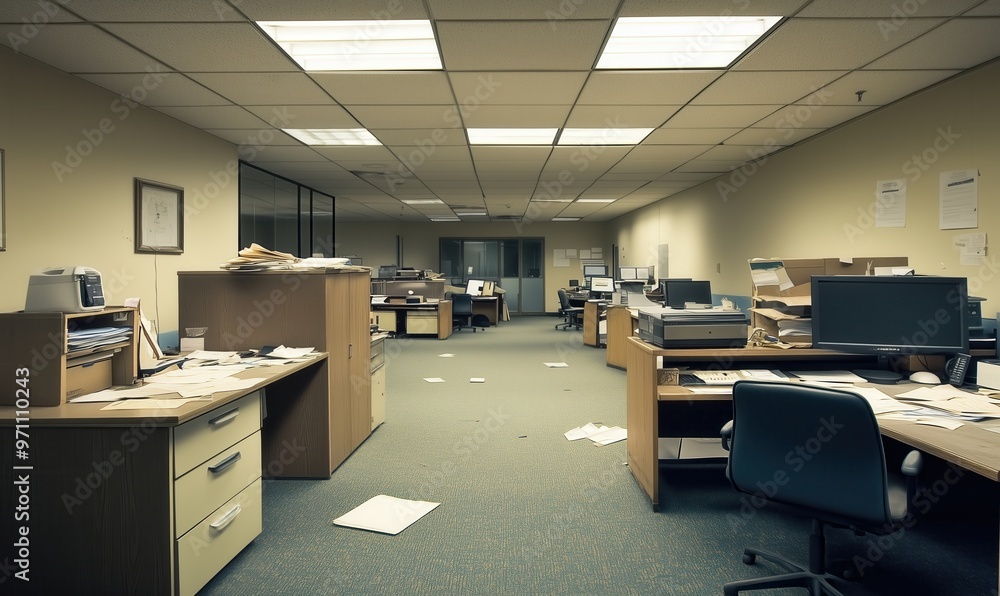 Poster a large office space with cubicles and desks. the cubicles are empty and the desks are cluttered wit