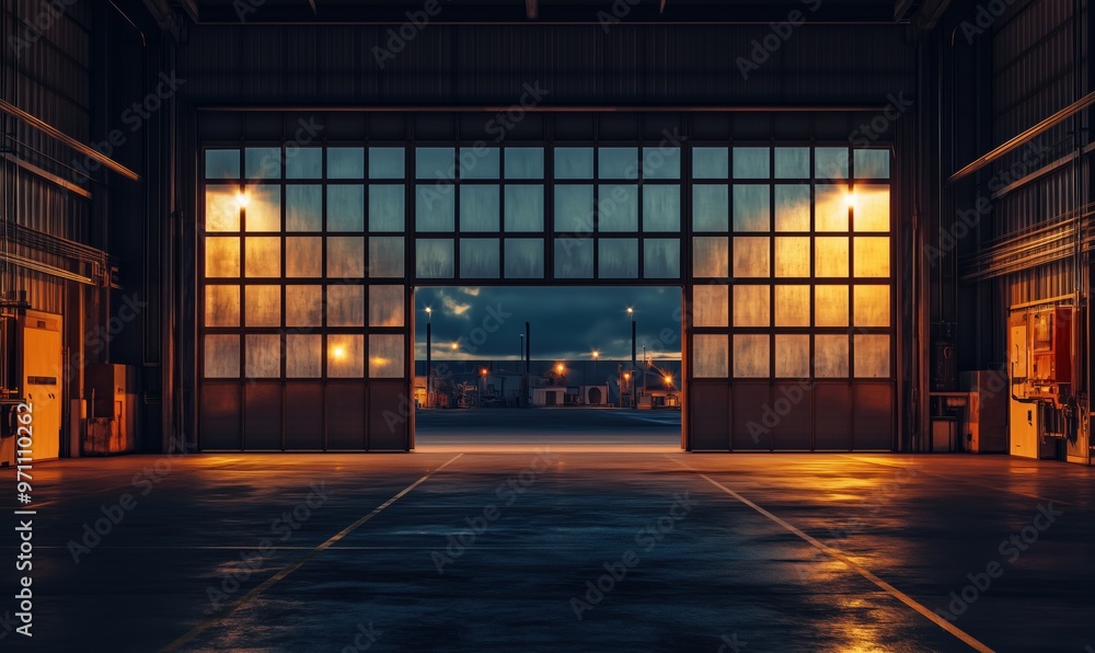Poster a large open hangar with a dark sky outside. the inside of the hangar is empty and the only light is