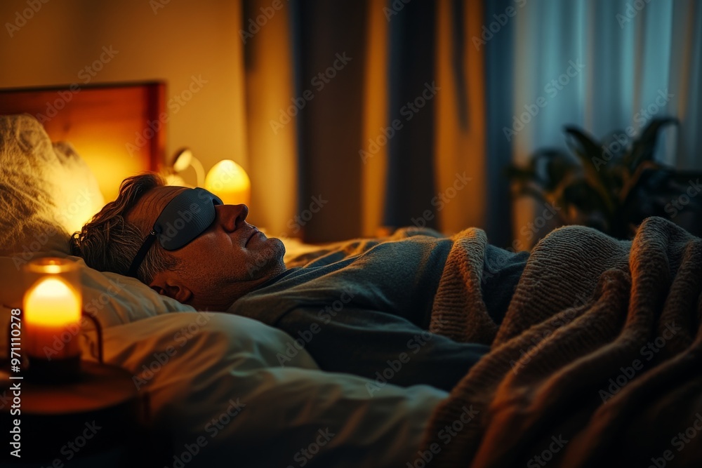 Aufkleber man resting on bed with blanket and candle