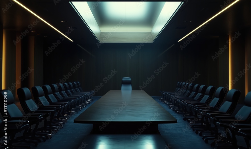 Aufkleber a large room with a long table and many chairs. the chairs are black and the table is made of wood. 