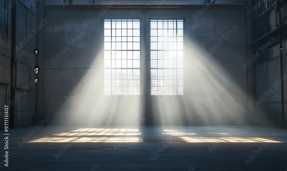 Poster a large room with two windows that are letting in sunlight. the room is empty and has a very bright 