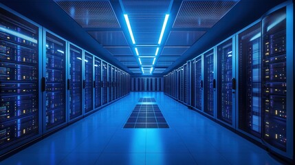 A large room with many computer servers and a blue light. The room is very large and has a futuristic feel to it