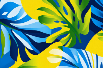 A vibrant, tropical background in bright shades of blue, green, and yellow, with dynamic curved shadows that evoke a sense of energy and warmth.