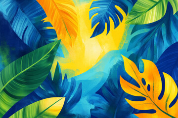 Naklejka premium A vibrant, tropical background in bright shades of blue, green, and yellow, with dynamic curved shadows that evoke a sense of energy and warmth.