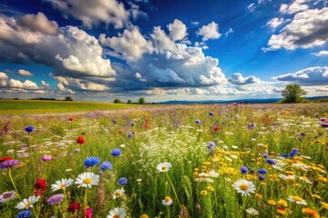 Serene landscape featuring a vast, unspoiled meadow with vibrant wildflowers swaying gently in the breeze beneath a bright blue sky with fluffy white clouds.