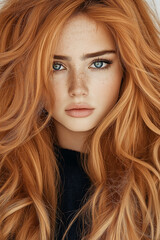 Obraz premium Close-up portrait of red-haired woman with blue eyes, soft natural light