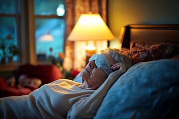 Woman resting in bed with a blindfold.