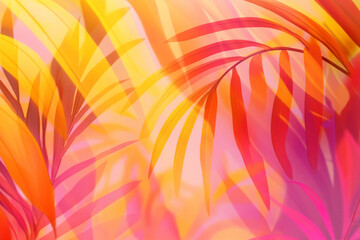 A vibrant, tropical background in bright shades of orange, pink, and yellow, with dynamic curved shadows that evoke a sense of energy and warmth.