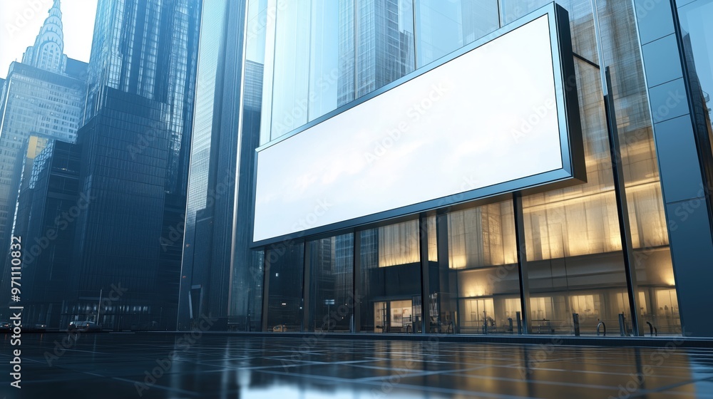 Poster a large white billboard is displayed in front of a tall building in a city. the billboard is empty, 