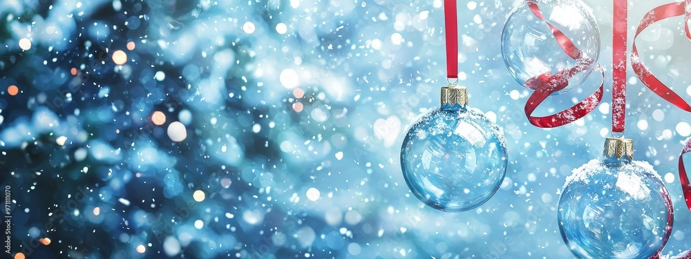 Poster snowy background with copy space and an empty christmas bauble over the winter