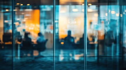Fototapeta premium Close up of a blurry office with people working behind glass walls. Ai generated image