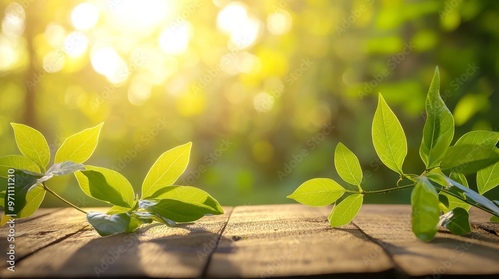 Poster green leaves and an empty wooden table in natural outdoor setting with beautiful bokeh and sunlight.