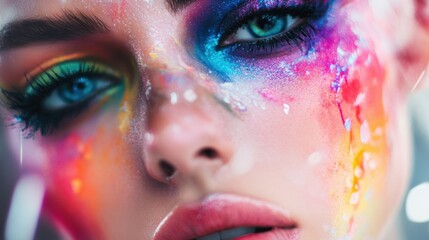 A close-up of a person with colorful makeup, gazing intensely at the camera with an artistic background -