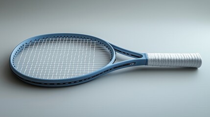 A close-up view of a blue tennis racket showcasing its intricate design and grip, perfect for sports-related projects.