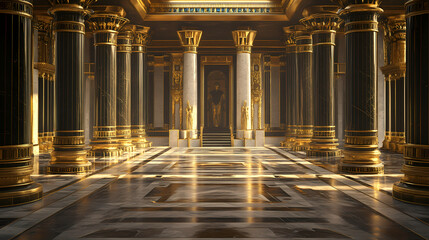 Interior of a royal palace castle of egyptian empire in ancient times background. interior of castle, beautiful royal palace black and gold marble, luxury. generative ai. Roman Empire. Illustration