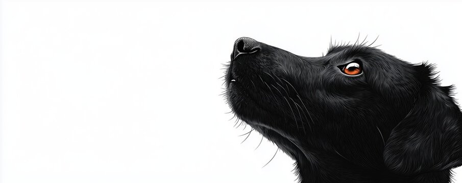 A close-up of a black dog's face looking upwards with a thoughtful expression against a white background.
