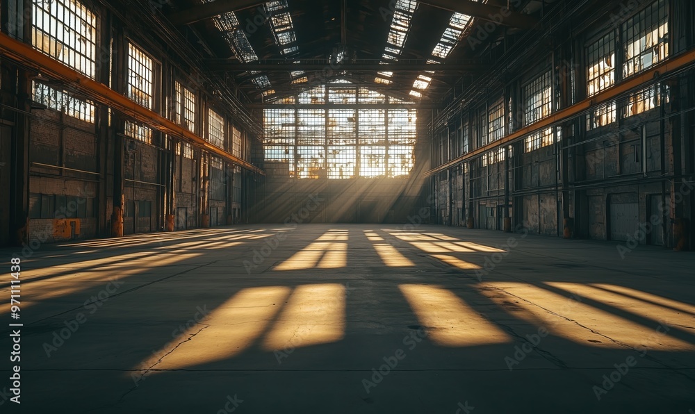 Poster a large, empty warehouse with a lot of windows. the sunlight is shining through the windows, creatin