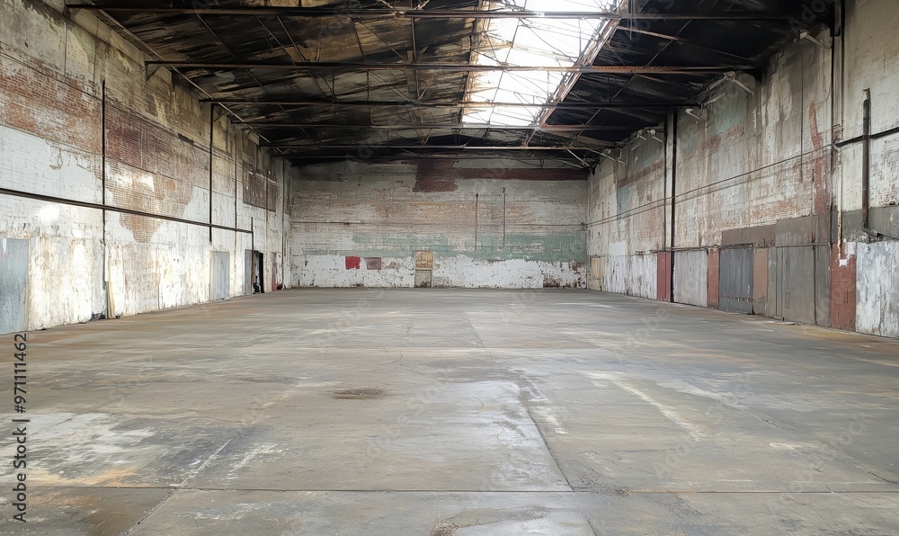 Poster a large, empty warehouse with a red sign on the wall. the space is mostly bare, with only a few obje