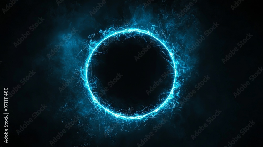 Poster text template : blue neon glow circle with rays and black background.