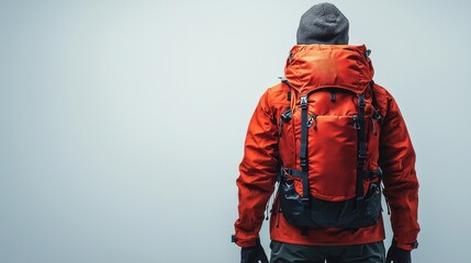 A hiker stands against a minimalistic backdrop, showcasing an adventurous spirit in a striking orange jacket and backpack.