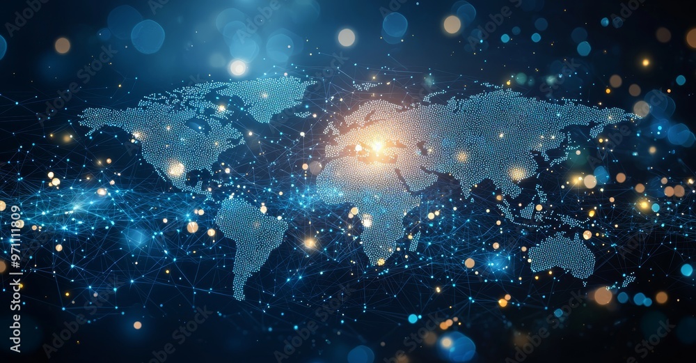 Poster Printed circuit board background. Depth of field effect and bokeh. Mobile connections, cloud computing, neural networks, big data. 3D rendered.