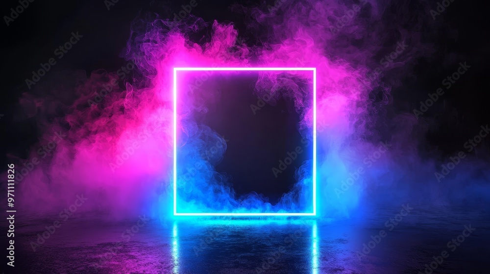 Aufkleber Two tone neon color motion graphic on black background. Blue and pink light moving for overlay element. 3D illustration rendering. Empty copy space in center.