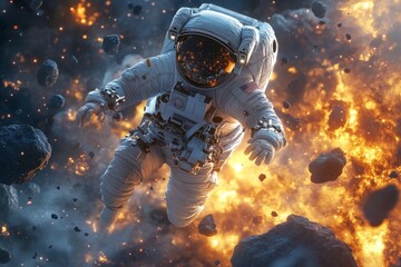 Fototapeta premium A brave astronaut floats in space among fiery explosions and asteroids. The scene captures adventure and exploration. This image conveys the beauty of the cosmos. Generative AI