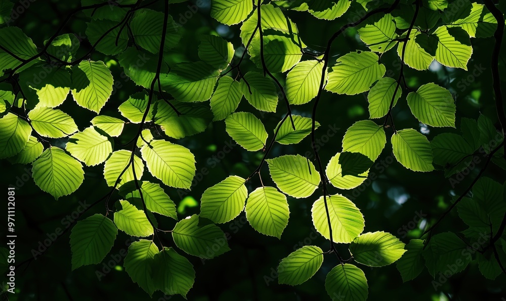 Poster a lush green tree with leaves that are shining brightly in the sunlight. the leaves are arranged in 