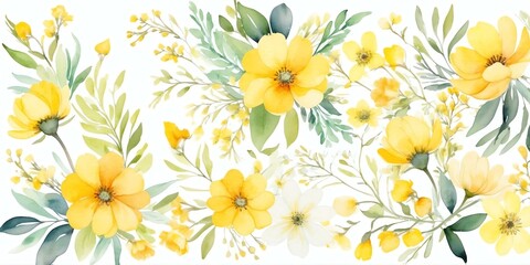 Fototapeta premium pretty yellow theme flowers on pastel white background, concept for banner, watercolor style