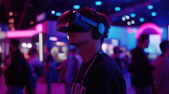 A man wearing a VR headset stands in a room with other people. The room is brightly lit and the man is focused on the virtual reality experience
