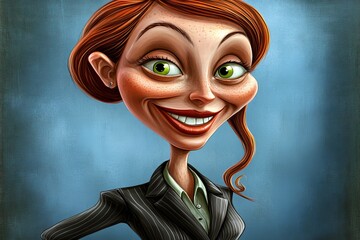 A portrait of a redhead businesswoman wearing a gray suit jacket, an illustration tailored to the 3D style of a character cartoon