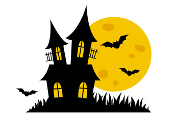 Haunted house. Silhouette of a castle against the background of an orange moon. Illustration for halloween.