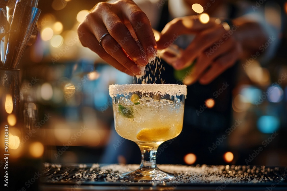 Poster Adding a lime slice to a cocktail glass.