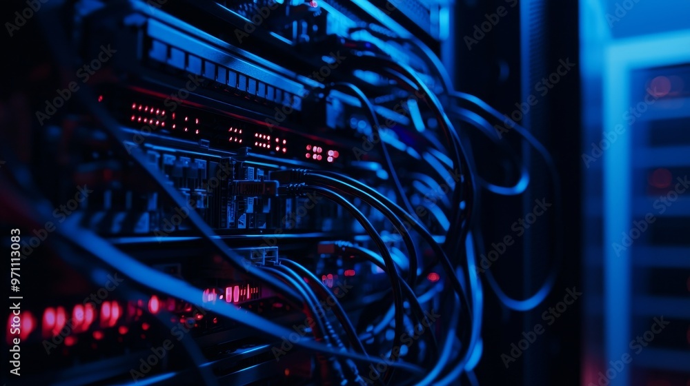 Aufkleber Network background of Internet cables and wires in a server room with switch in a company developing quantum computers.