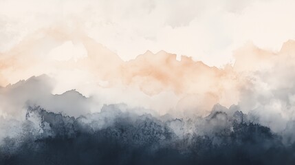 A painting of a mountain range with a blue sky in the background. The mountains are covered in clouds, giving the scene a serene and peaceful atmosphere