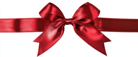 The center of a red ribbon bow is isolated from a transparent background so it can be used as a banner for a birthday or Christmas