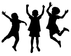 Three children are jumping in the air