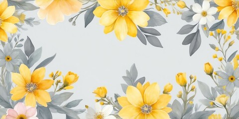 Obraz premium pretty yellow theme flowers on pastel gray background, concept for banner, watercolor style