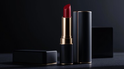 Obraz premium Matte Lipstick in Elegant Black Packaging on Sleek Black Background, Minimalist Product Photography
