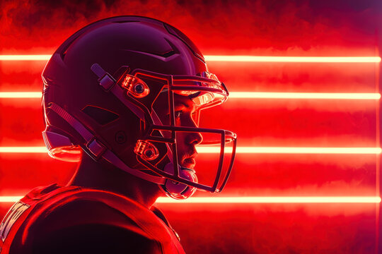 American football player banner on red neon background. Mockup for betting advertisement.
