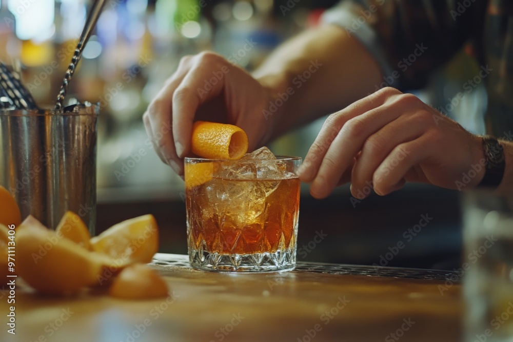 Poster preparing a drink with oranges and ice at a bar.