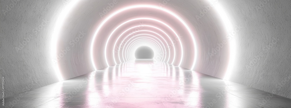 Leinwandbilder A large 3D room with abstract space technology tunnel stage floor. Empty white futuristic corridor render with silver road and black wall design.