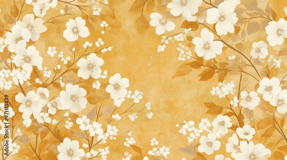 Poster a painting of a yellow background with white flowers. the flowers are arranged in a way that they ar