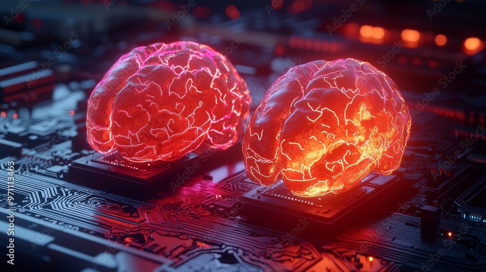 Poster The fusion of human intelligence and machine learning capabilities is displayed by a glowing human brain at the center of a processor, symbolizing the evolution of technology in the field of data.