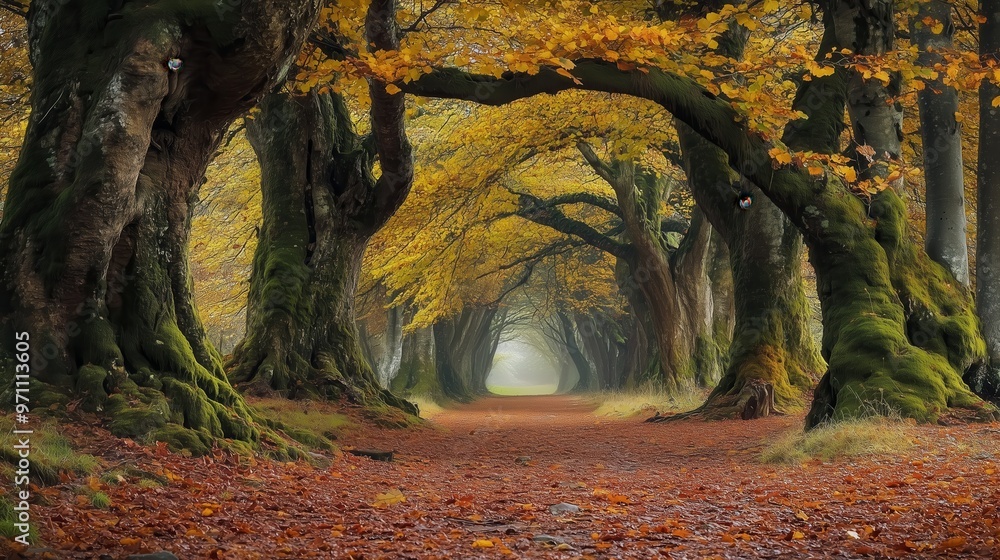 Poster a path through a forest with trees on either side. the trees are covered in leaves and moss