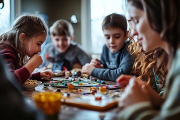 Fototapeta premium Kids building structures with at a table