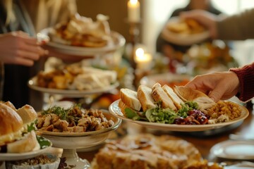 Group of people serving food at Thanksgiving dinner.